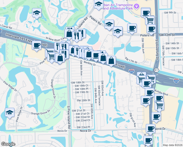 map of restaurants, bars, coffee shops, grocery stores, and more near 8501 Southwest 16th Court in Davie