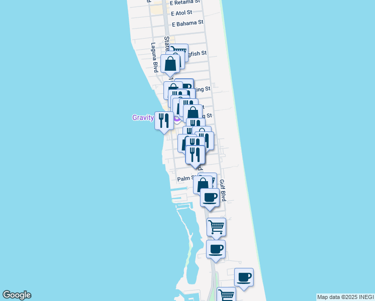 map of restaurants, bars, coffee shops, grocery stores, and more near 2111 Padre Boulevard in South Padre Island