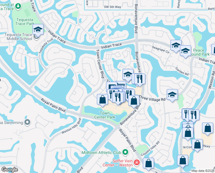 map of restaurants, bars, coffee shops, grocery stores, and more near 1551 Passion Vine Circle in Weston
