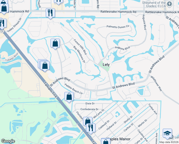 map of restaurants, bars, coffee shops, grocery stores, and more near 528 Bristle Cone Lane in Naples