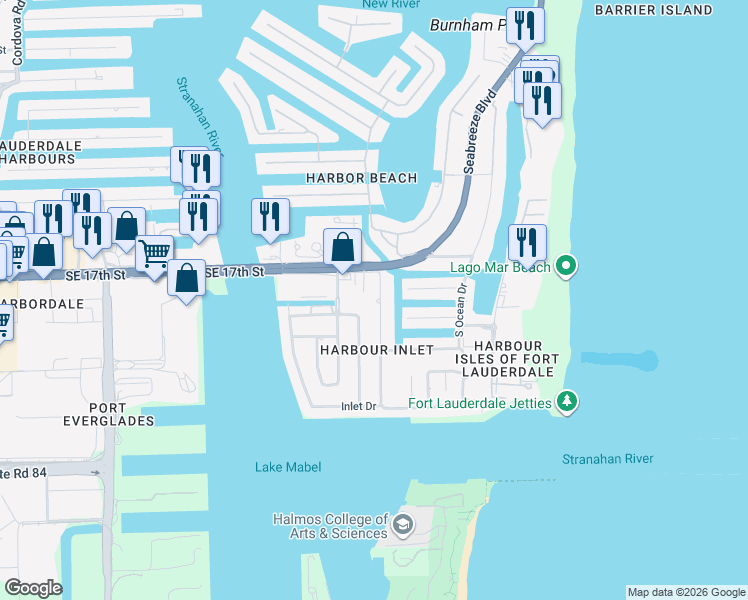 map of restaurants, bars, coffee shops, grocery stores, and more near 2424 Southeast 17th Street in Fort Lauderdale
