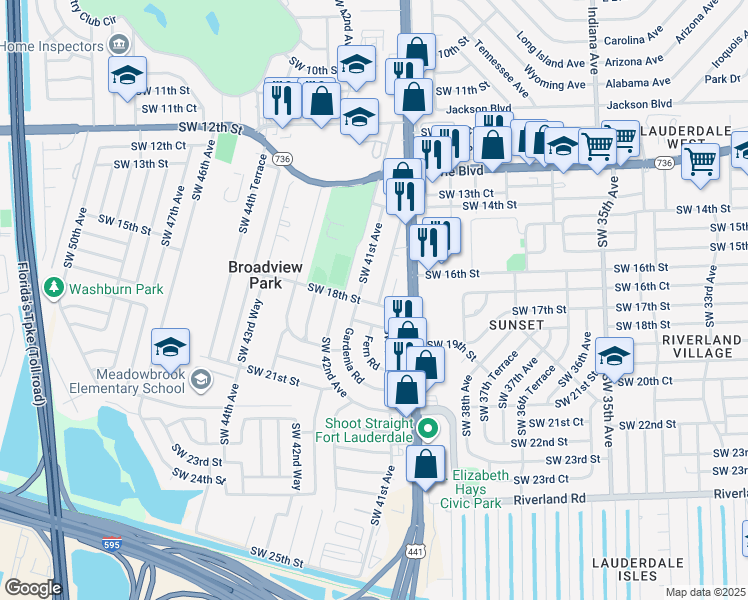map of restaurants, bars, coffee shops, grocery stores, and more near 1710 Southwest 41st Avenue in Fort Lauderdale