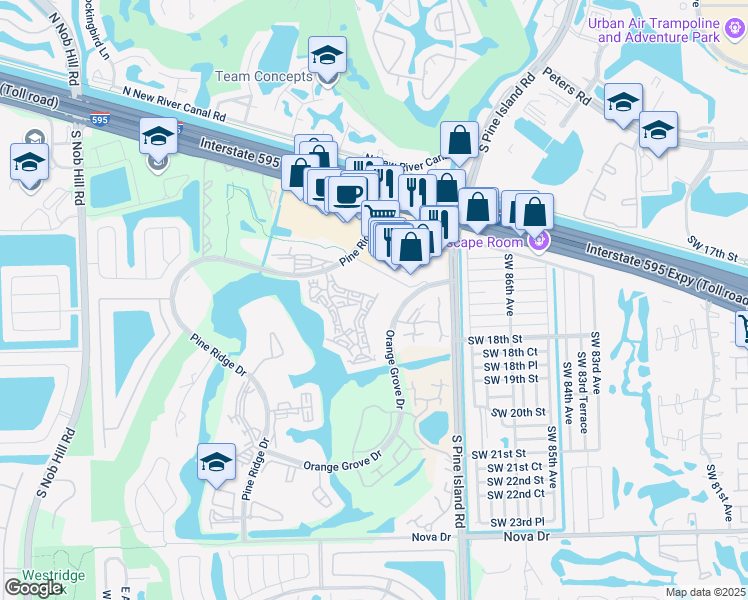 map of restaurants, bars, coffee shops, grocery stores, and more near 1510 White Hall Drive in Davie