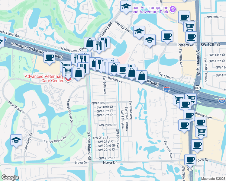 map of restaurants, bars, coffee shops, grocery stores, and more near 8517 Southwest 16th Place in Davie