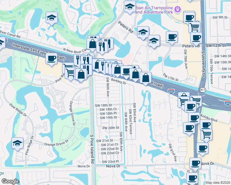 map of restaurants, bars, coffee shops, grocery stores, and more near 8501 Southwest 16th Court in Davie