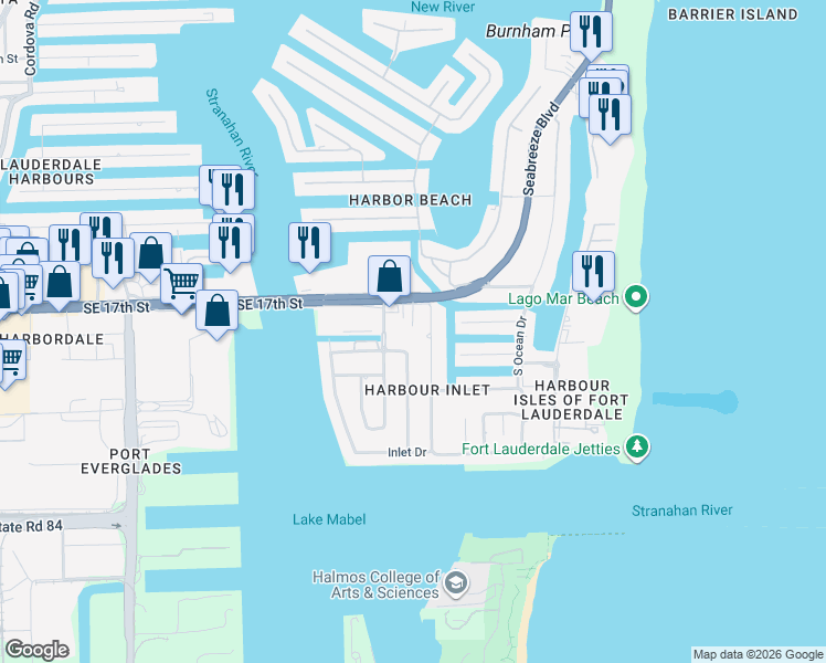 map of restaurants, bars, coffee shops, grocery stores, and more near 2424 Southeast 17th Street in Fort Lauderdale