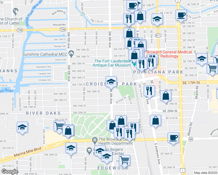 map of restaurants, bars, coffee shops, grocery stores, and more near 500 Southwest 17th Street in Fort Lauderdale