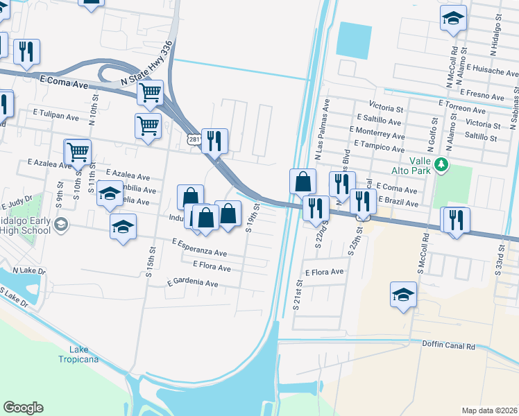 map of restaurants, bars, coffee shops, grocery stores, and more near 300 South 19th Street in Hidalgo