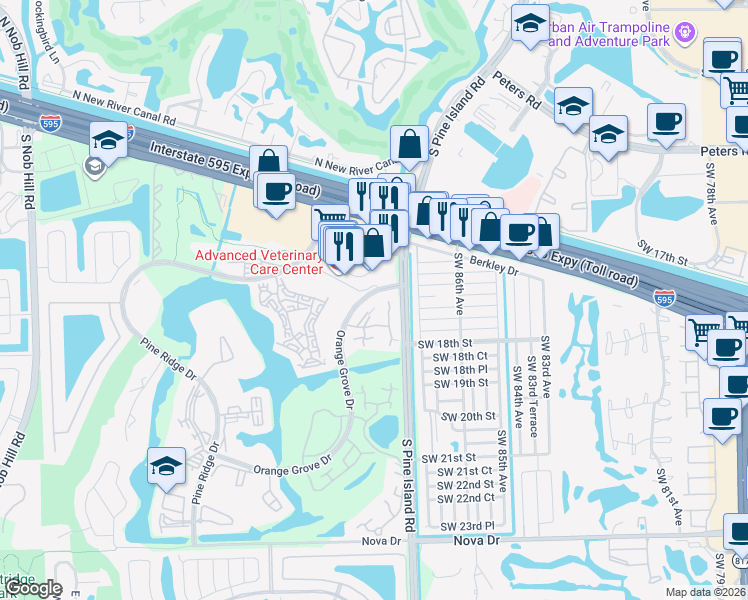 map of restaurants, bars, coffee shops, grocery stores, and more near 9117B Southwest 20 Court in Davie