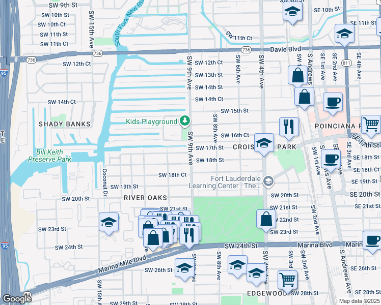 map of restaurants, bars, coffee shops, grocery stores, and more near 835 Southwest 17th Street in Fort Lauderdale