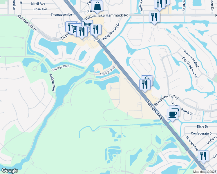 map of restaurants, bars, coffee shops, grocery stores, and more near 6851 Bequia Way in Naples