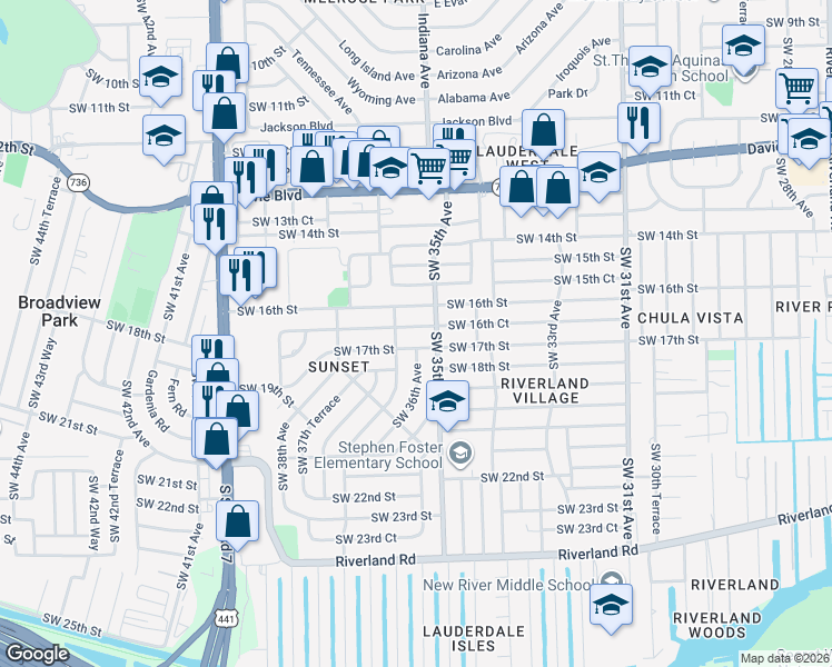 map of restaurants, bars, coffee shops, grocery stores, and more near 3581 Southwest 16th Court in Fort Lauderdale