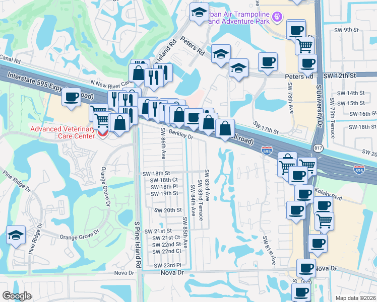 map of restaurants, bars, coffee shops, grocery stores, and more near 8501 Southwest 16th Court in Davie