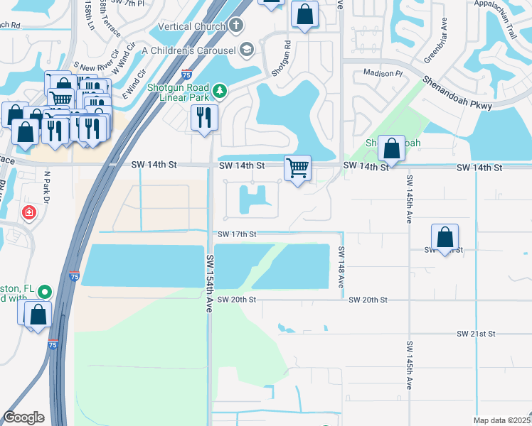 map of restaurants, bars, coffee shops, grocery stores, and more near 15093 Southwest 16 Court in Weston