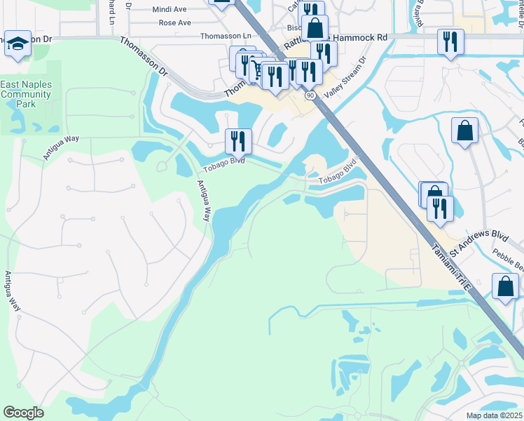 map of restaurants, bars, coffee shops, grocery stores, and more near 6561 Dominica Drive in Naples