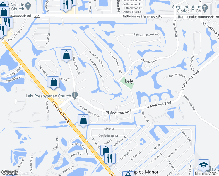 map of restaurants, bars, coffee shops, grocery stores, and more near 436 Bristle Cone Lane in Naples