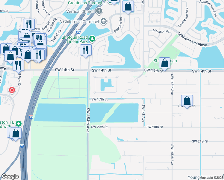 map of restaurants, bars, coffee shops, grocery stores, and more near 15093 Southwest 16 Court in Weston