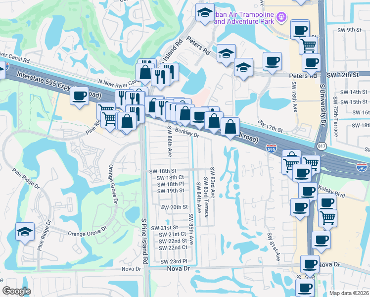 map of restaurants, bars, coffee shops, grocery stores, and more near 8501 Southwest 16th Court in Davie