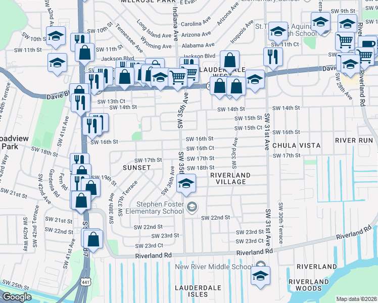 map of restaurants, bars, coffee shops, grocery stores, and more near 3451 Southwest 16th Court in Fort Lauderdale