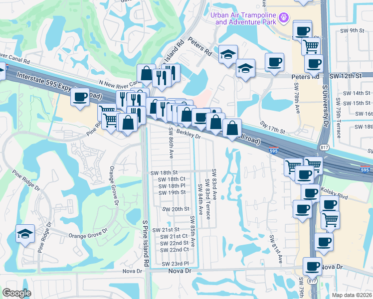 map of restaurants, bars, coffee shops, grocery stores, and more near 8501 Southwest 16th Court in Davie