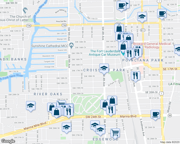 map of restaurants, bars, coffee shops, grocery stores, and more near 608 Southwest 17th Street in Fort Lauderdale