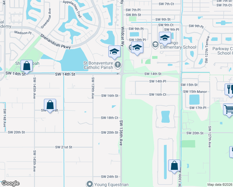 map of restaurants, bars, coffee shops, grocery stores, and more near 13621 Southwest 16th Street in Davie