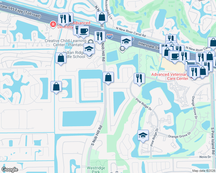 map of restaurants, bars, coffee shops, grocery stores, and more near 9931 North Oak Knoll Circle in Davie