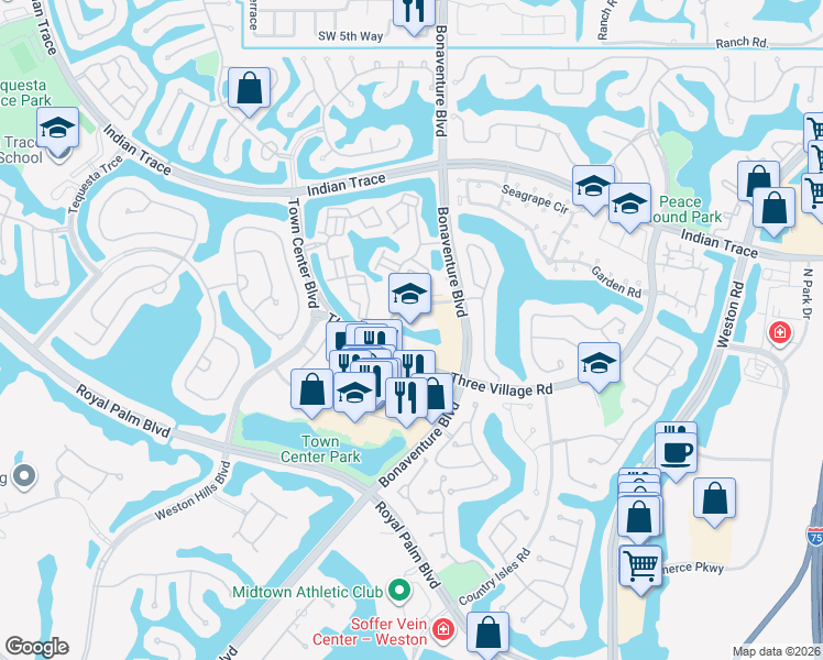 map of restaurants, bars, coffee shops, grocery stores, and more near 1570 Sagemont Way in Weston
