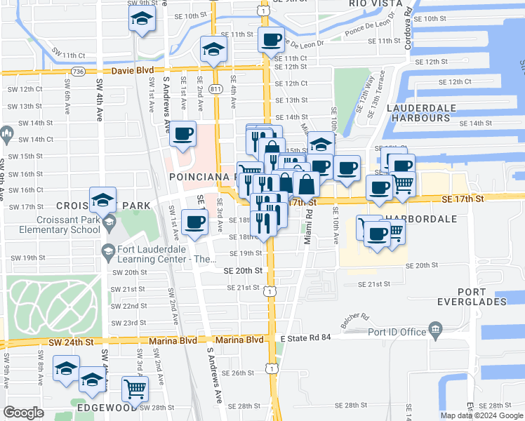 map of restaurants, bars, coffee shops, grocery stores, and more near in Fort Lauderdale