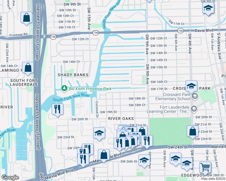 map of restaurants, bars, coffee shops, grocery stores, and more near 1307 Southwest 17th Street in Fort Lauderdale