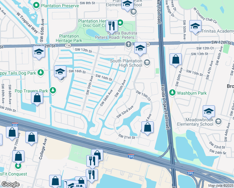 map of restaurants, bars, coffee shops, grocery stores, and more near 1661 Southwest 55th Avenue in Plantation