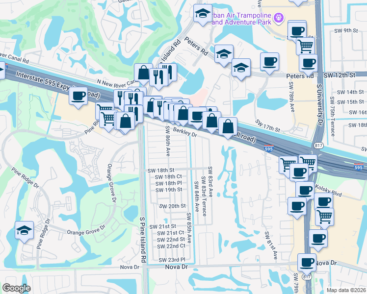 map of restaurants, bars, coffee shops, grocery stores, and more near 8501 Southwest 16th Court in Davie