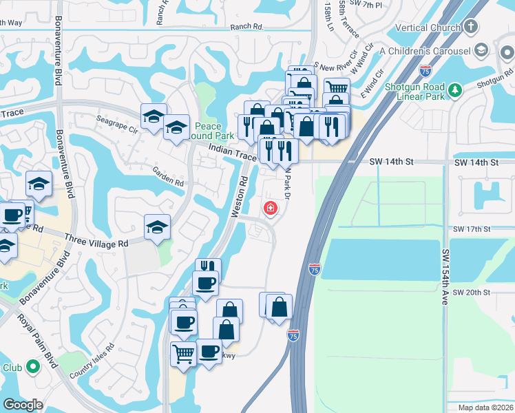 map of restaurants, bars, coffee shops, grocery stores, and more near 1565 North Park Drive in Weston