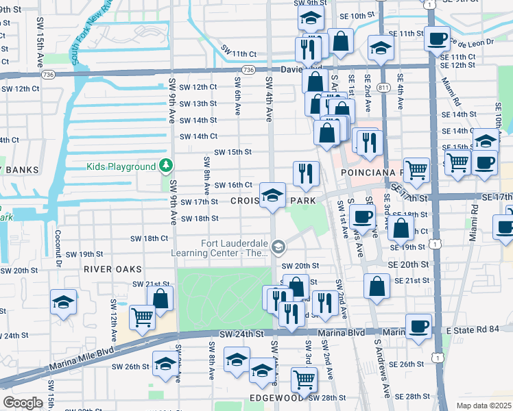 map of restaurants, bars, coffee shops, grocery stores, and more near 500 Southwest 17th Street in Fort Lauderdale