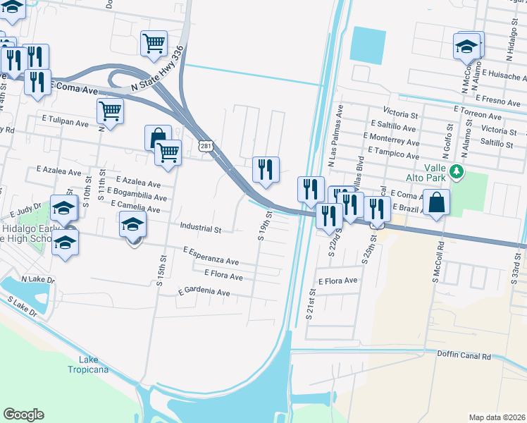 map of restaurants, bars, coffee shops, grocery stores, and more near 300 South 19th Street in Hidalgo