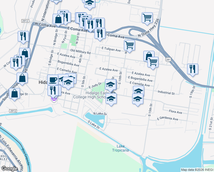 map of restaurants, bars, coffee shops, grocery stores, and more near 415 Eighth Street in Hidalgo