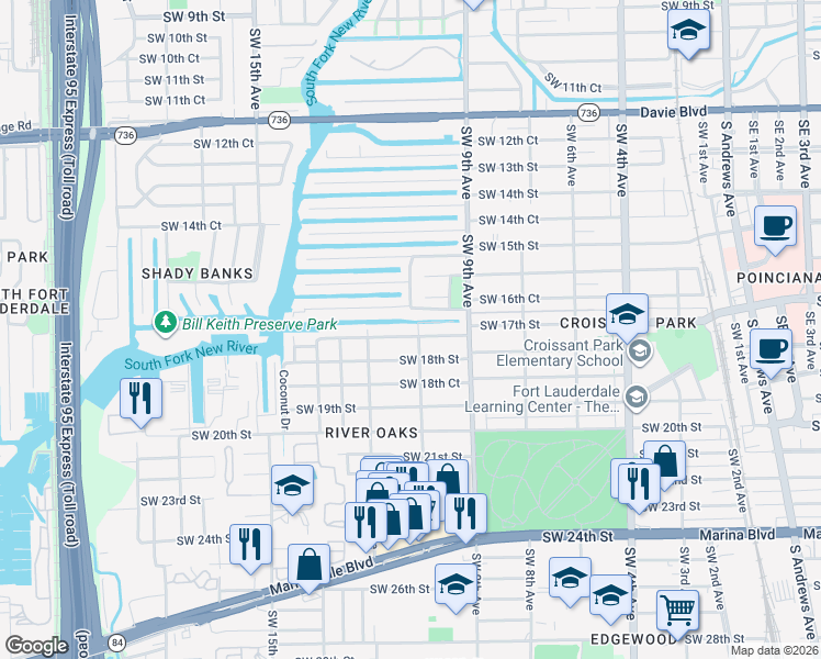 map of restaurants, bars, coffee shops, grocery stores, and more near 1005 Southwest 17th Street in Fort Lauderdale