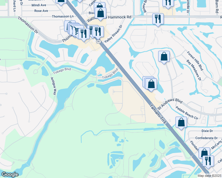 map of restaurants, bars, coffee shops, grocery stores, and more near 6851 Bequia Way in Naples