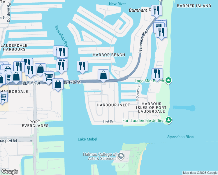 map of restaurants, bars, coffee shops, grocery stores, and more near 2424 Southeast 17th Street in Fort Lauderdale