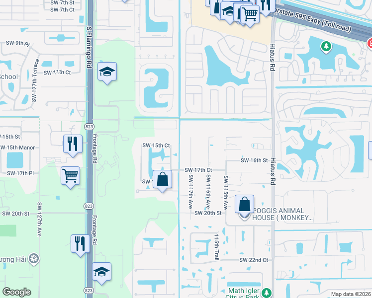 map of restaurants, bars, coffee shops, grocery stores, and more near 1621 Southwest 117th Avenue in Davie