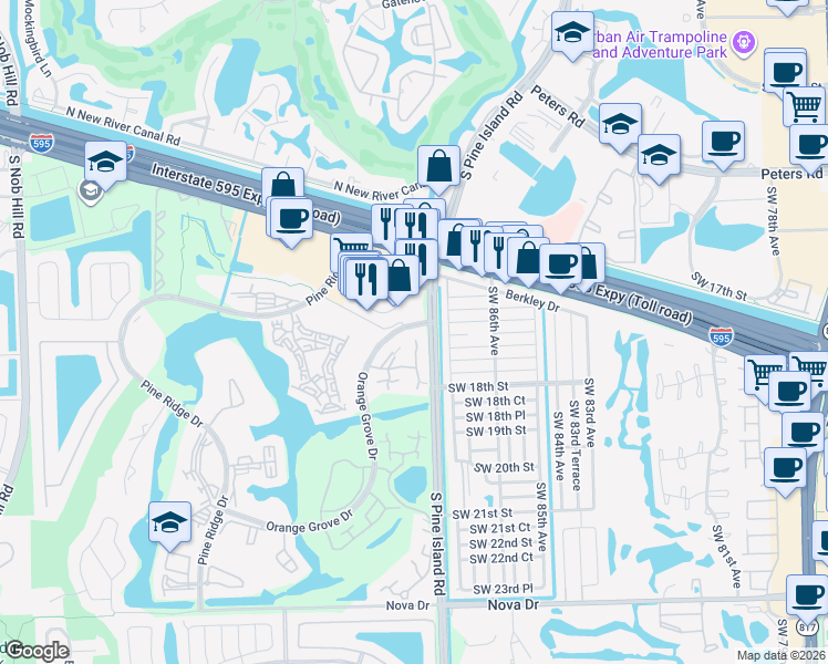 map of restaurants, bars, coffee shops, grocery stores, and more near 9117B Southwest 20 Court in Davie