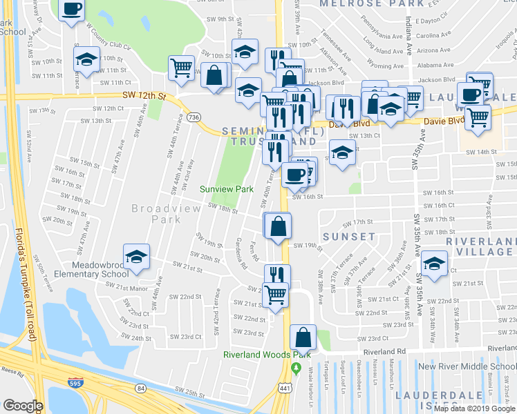 map of restaurants, bars, coffee shops, grocery stores, and more near 1710 Southwest 41st Avenue in Fort Lauderdale