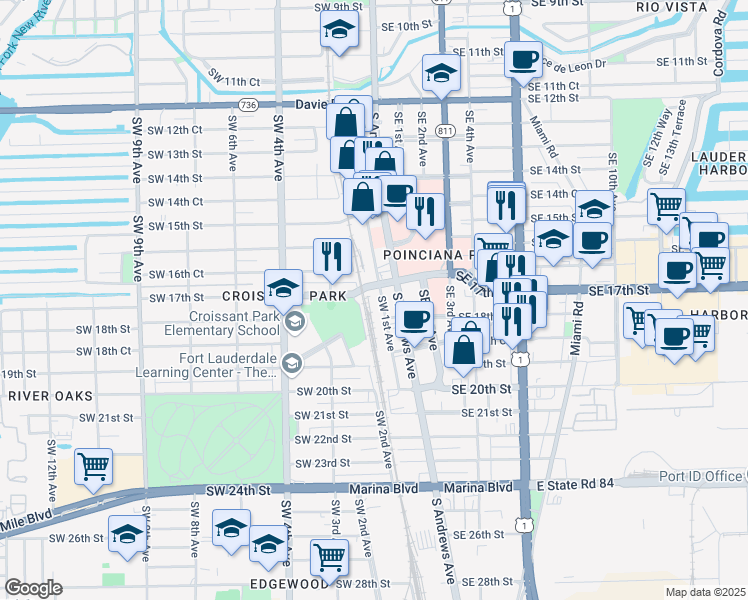 map of restaurants, bars, coffee shops, grocery stores, and more near 1717 Southwest 1st Avenue in Fort Lauderdale