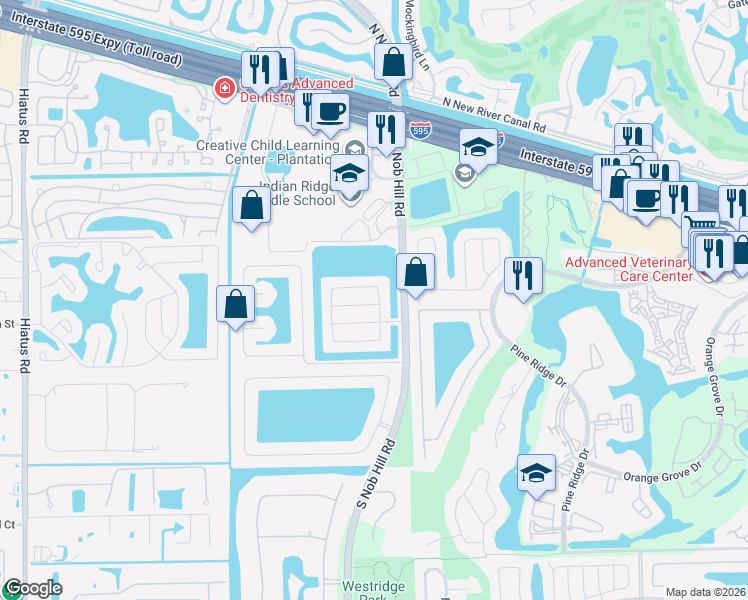 map of restaurants, bars, coffee shops, grocery stores, and more near 10071 Southwest 16th Court in Davie