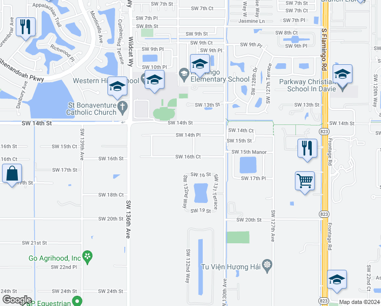 map of restaurants, bars, coffee shops, grocery stores, and more near 13201 Southwest 16th Court in Davie