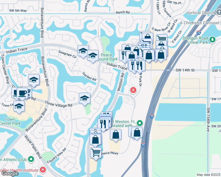 map of restaurants, bars, coffee shops, grocery stores, and more near 1530 Springside Terrace in Weston