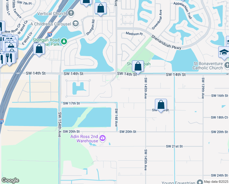 map of restaurants, bars, coffee shops, grocery stores, and more near 14760 Southwest 16th Street in Davie