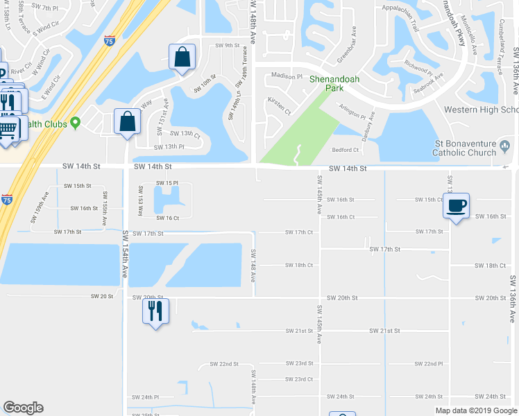 map of restaurants, bars, coffee shops, grocery stores, and more near 14760 Southwest 16th Street in Davie