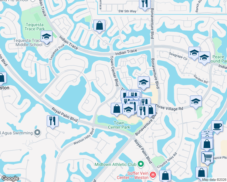 map of restaurants, bars, coffee shops, grocery stores, and more near 1373 Camellia Circle in Weston