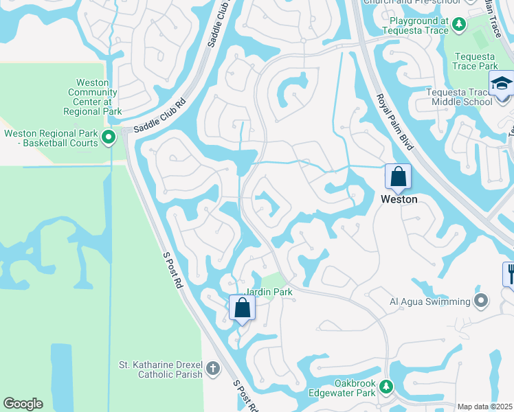 map of restaurants, bars, coffee shops, grocery stores, and more near 2540 Montclaire Court in Weston